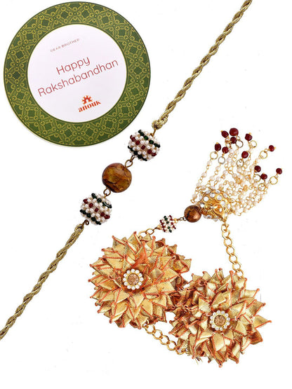Dhiyona Gold-Toned Beaded Bhaiya Bhabhi Rakhi With Roli Chawal & Greeting Card