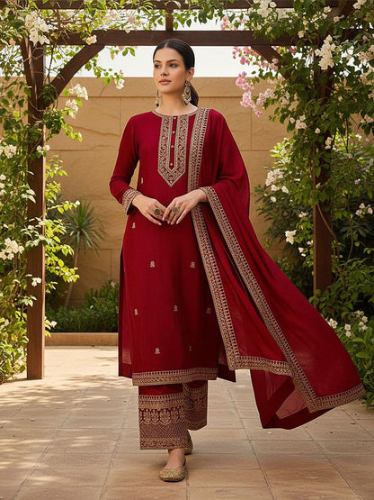 Dhiyona KL Floral Embroidered Round Neck Straight Kurta With Palazzos & Dupatta