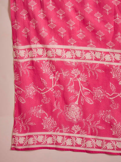 Dhiyona SN Women's Floral Printed Mandarin Collar Pure Cotton Straight Kurta With Trouser And Dupatta