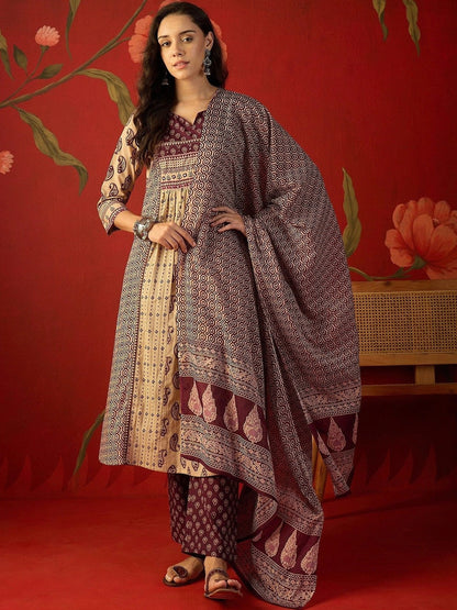 Women Paisley Printed Empire Pure Cotton Kurta with Trousers & With Dupatta