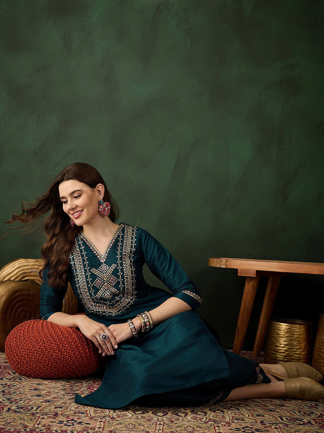 Women Embroidered Straight Kurta With Trousers