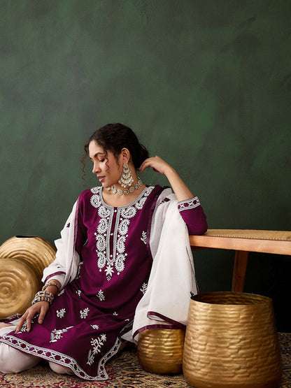 Floral Embroidered Thread Work Pure Cotton Kurti with Trousers & Dupatta