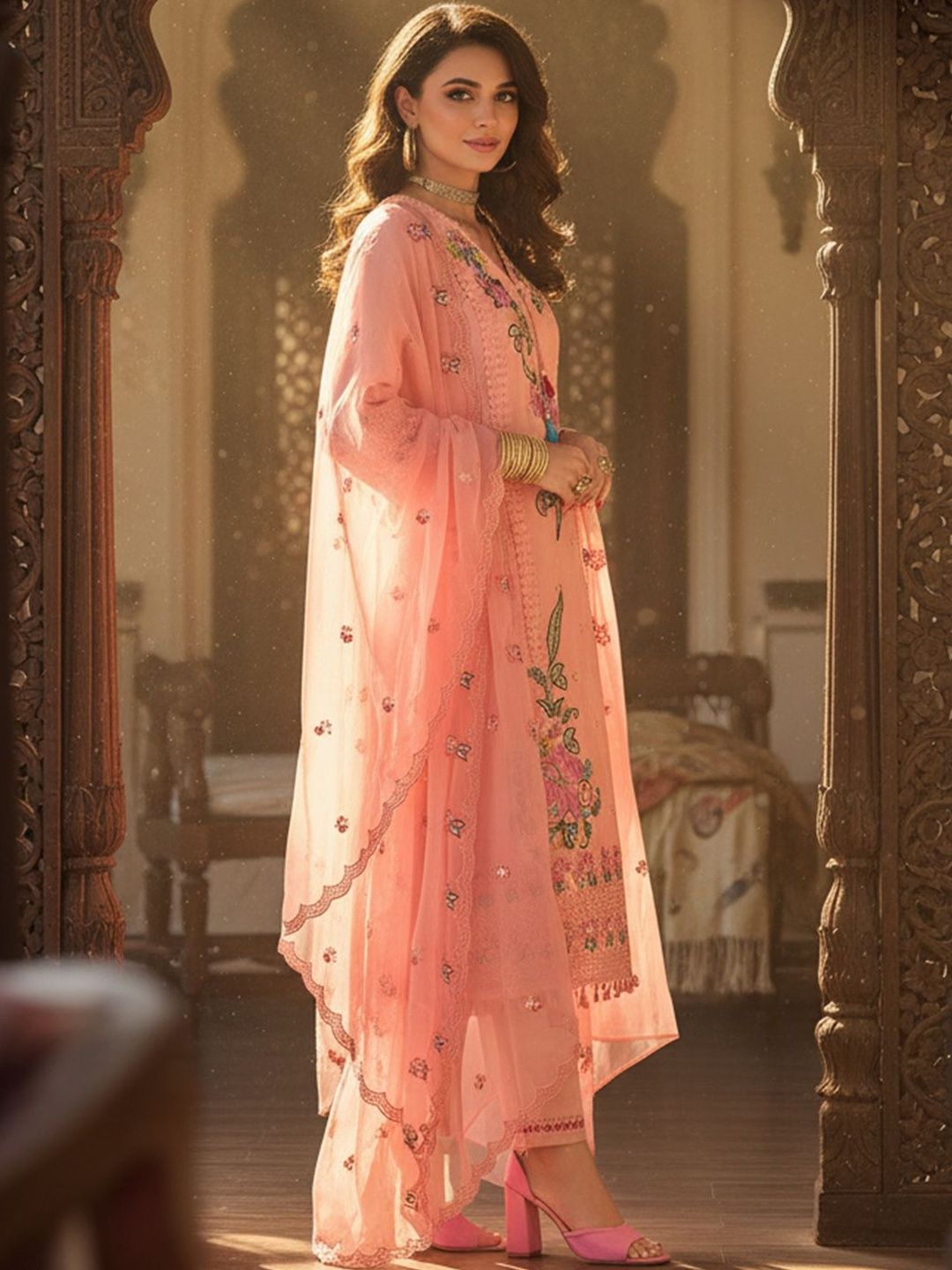 Dhiyona IE Floral Embroidered V-Neck Pure Cotton Straight Kurta & Trousers With Dupatta