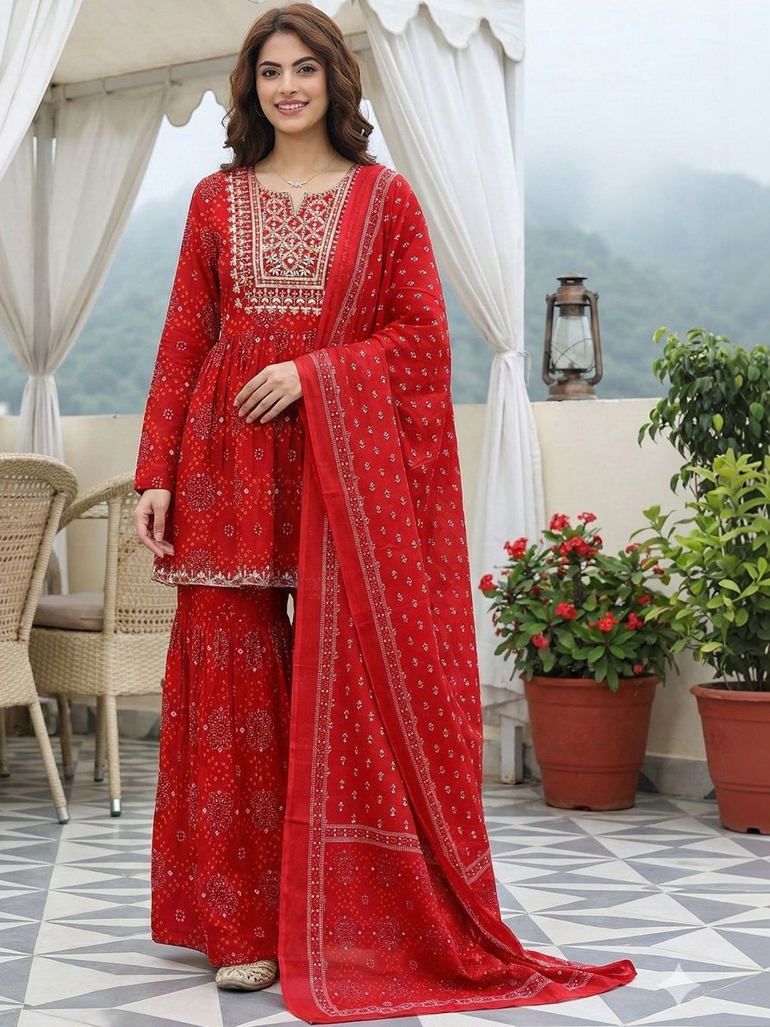 Dhiyona AN Women Ethnic Motifs Printed Empire Thread Work Pure Cotton Kurta with Sharara & With Dupatta