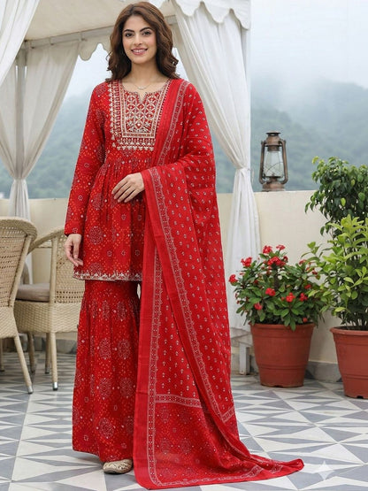 Dhiyona AN Women Ethnic Motifs Printed Empire Thread Work Pure Cotton Kurta with Sharara & With Dupatta