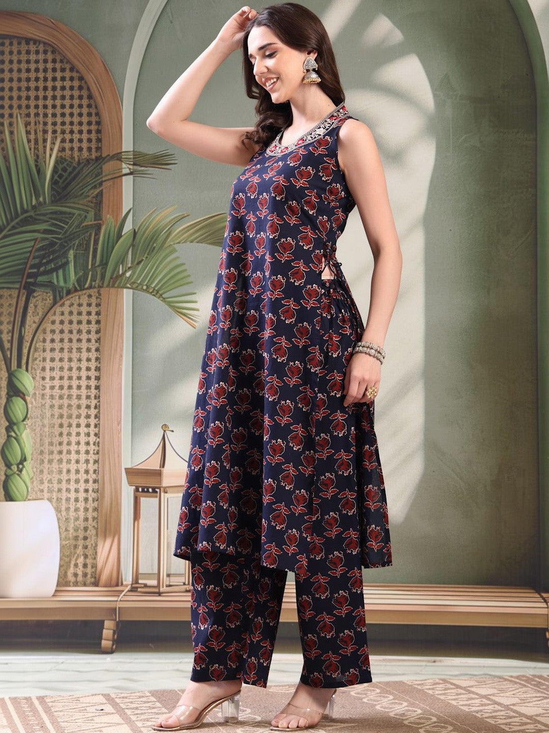Embroidered Pure Cotton Round Neck Kurta & Palazzos Kurta Set