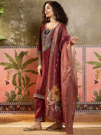 Embroidered Cotton Blend Round Neck Straight Kurta & Trousers With Dupatta