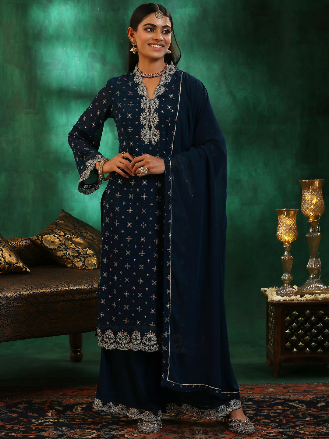 Women's LB Blue Printed Georgette Straight Suit With Dupatta