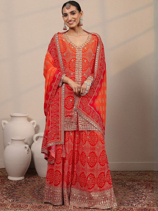 Dhiyona LL Bandhani Printed Georgette Panelled Kurta With Palazzos & Dupatta