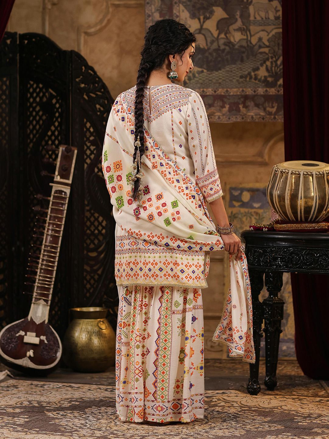 Dhiyona SC Geometric Printed Mirror Work Chanderi Silk Kurti with Sharara & Dupatta