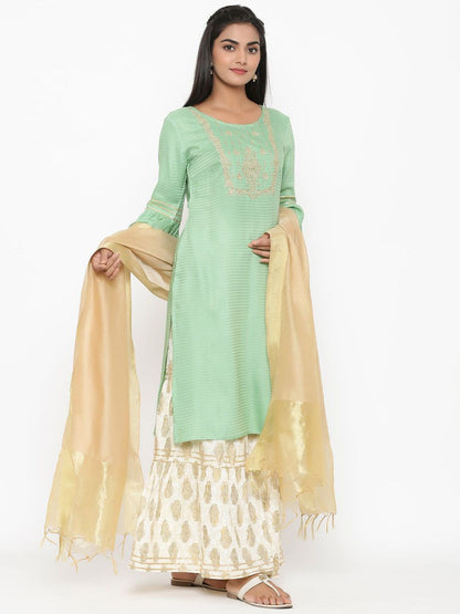 Dhiyona AN Women Regular Thread Work Kurta with Sharara & With Dupatta