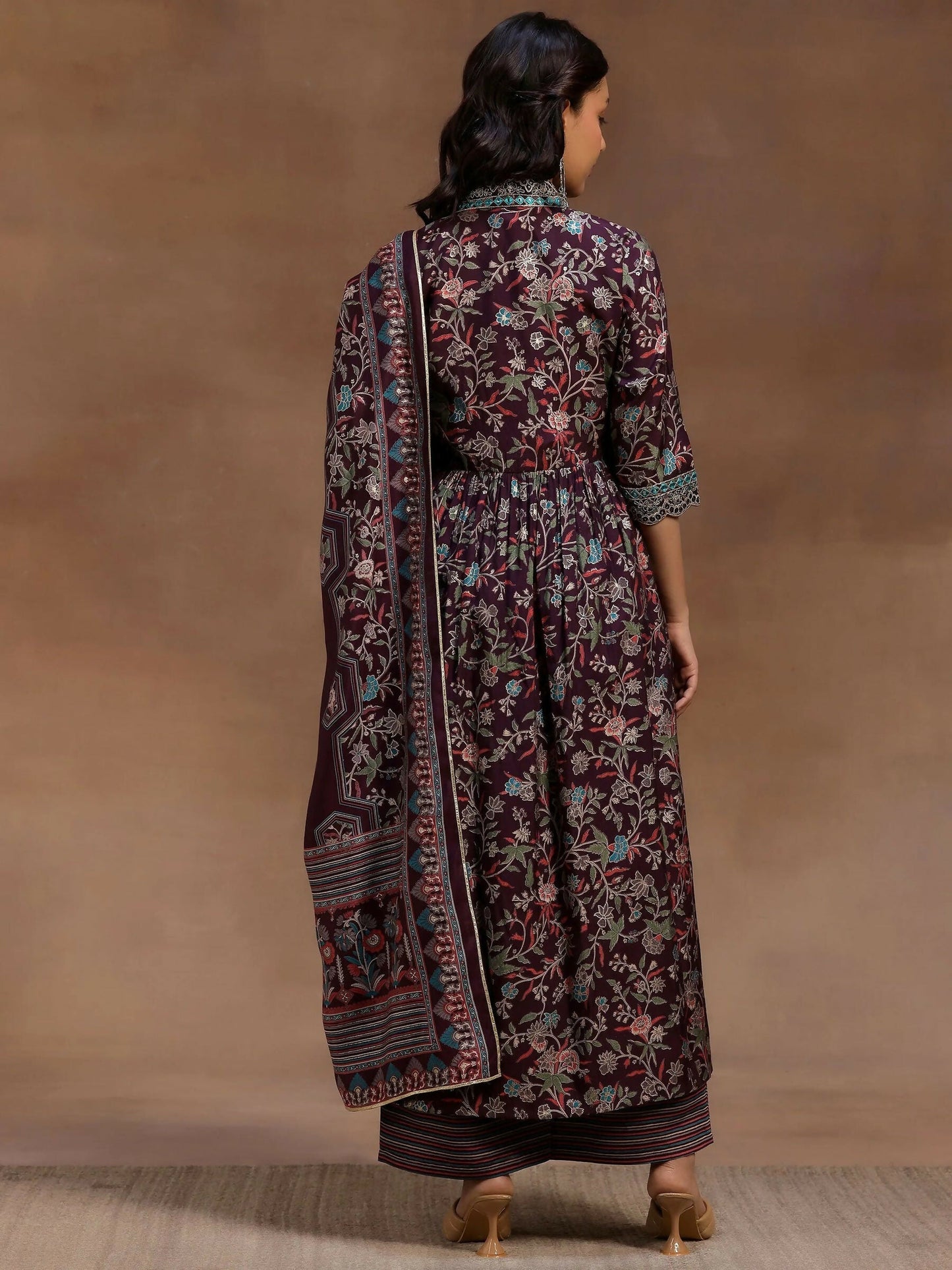 Women's LB Burgundy Printed Silk Blend A-Line Kurta With Palazzos & Dupatta