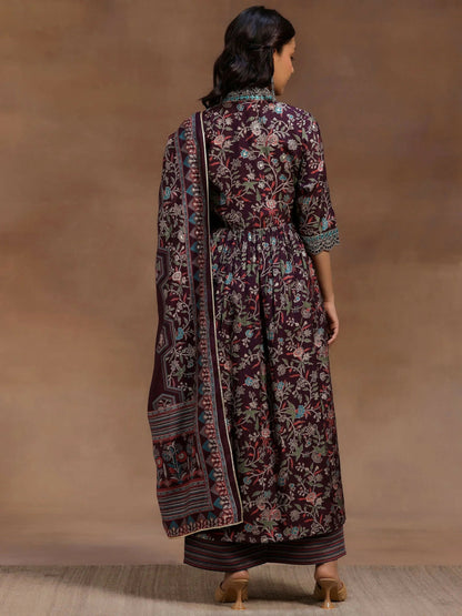 Women's LB Burgundy Printed Silk Blend A-Line Kurta With Palazzos & Dupatta