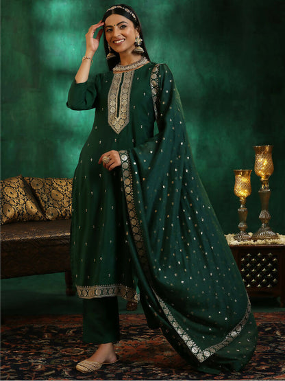 Women's LB Green Self Design Silk Blend Straight Suit With Dupatta