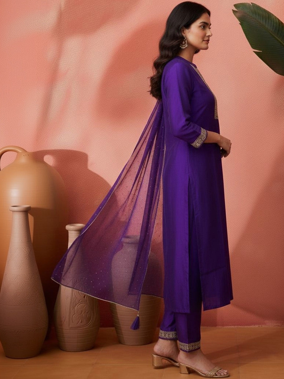 Embroidered Mandarin Collar Kurta & Trousers with Dupatta