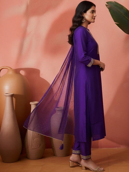 Embroidered Mandarin Collar Kurta & Trousers with Dupatta