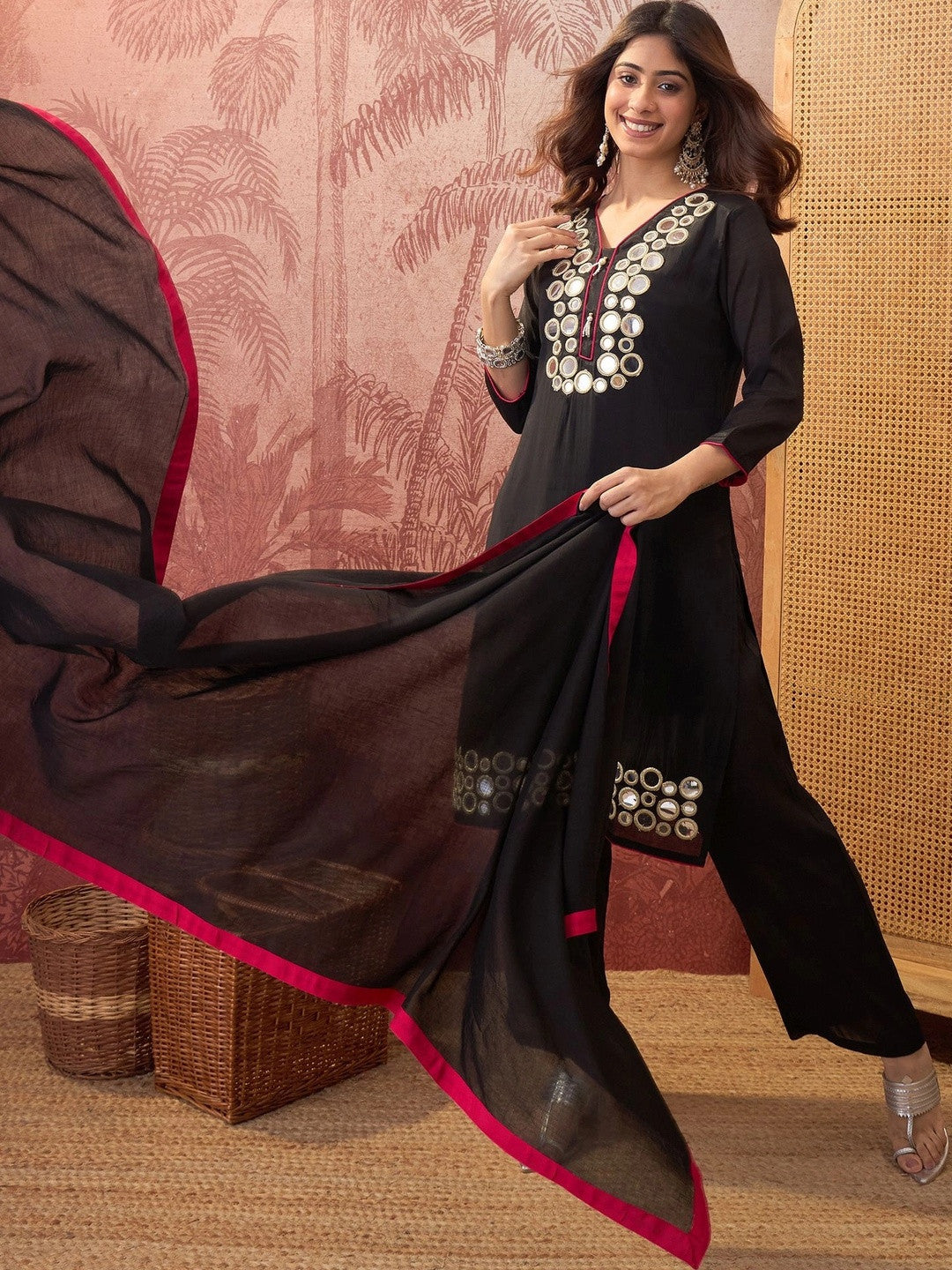 Women Floral Embroidered Regular Mirror Work Kurta with Trousers & With Dupatta