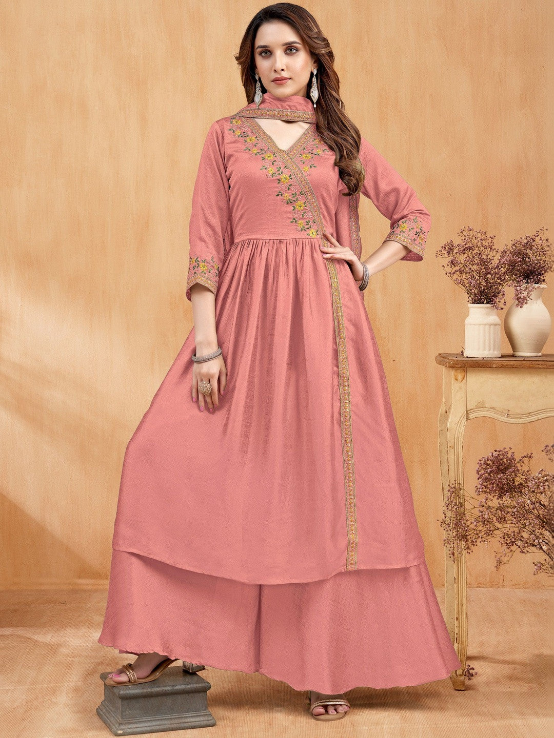 Embroidered V-Neck Kurta & Palazzos With Dupatta