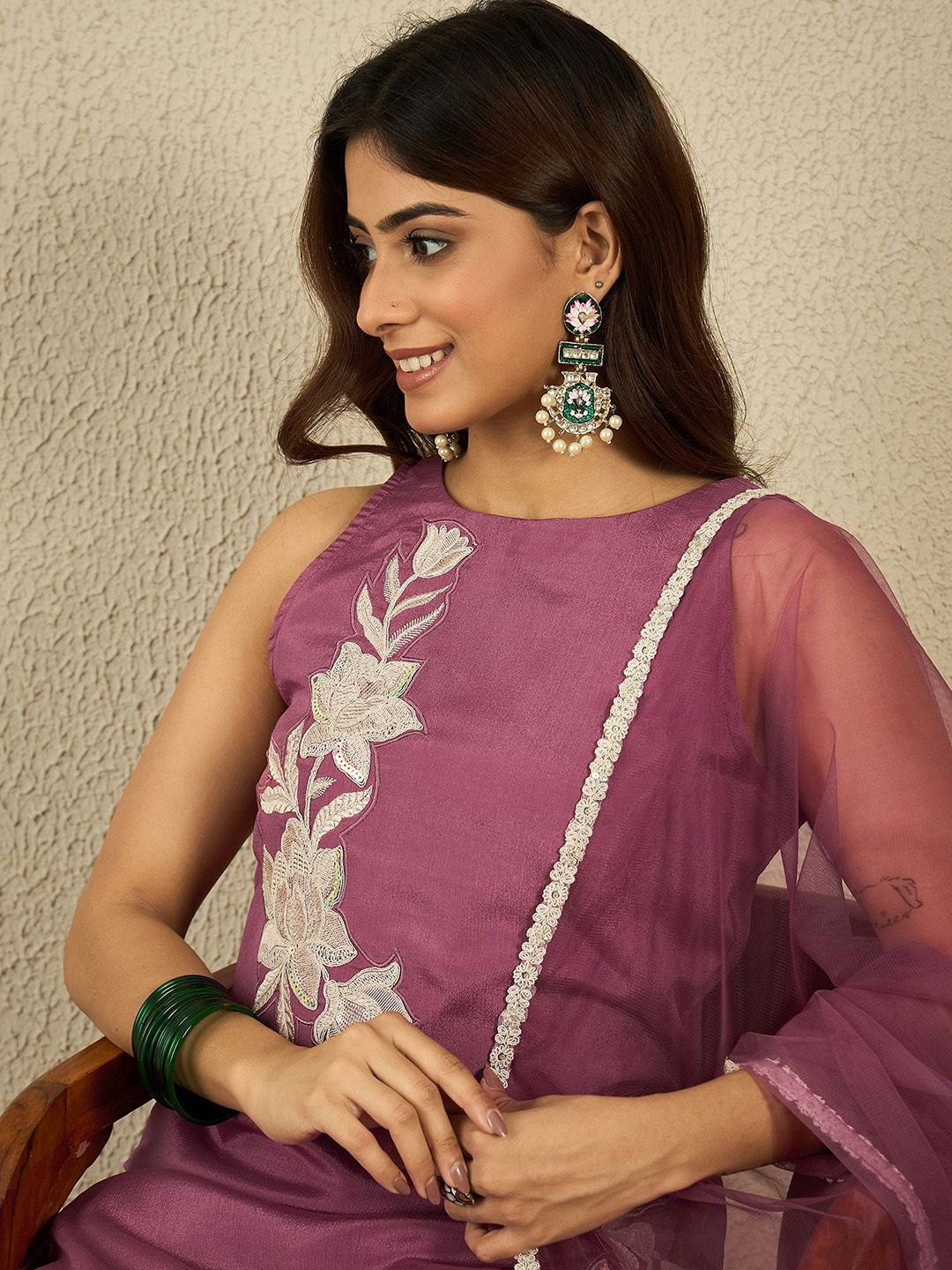Dhiyona IN Women Floral Embroidered Regular Kurti With Palazzos & Dupatta