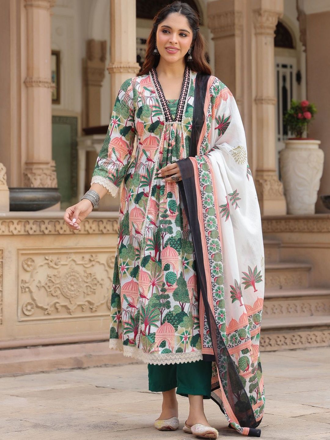 Dhiyona RR Women's Floral Printed Cotton Anarkali Kurta with Trousers & Dupatta