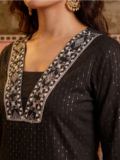 Embroidered Pure Cotton V-Neck Kurta & Trousers