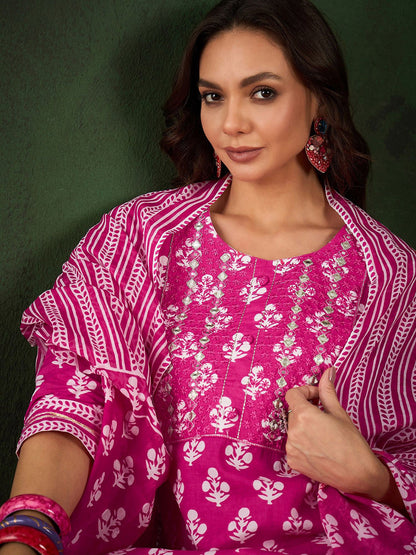 Floral Printed Pure Cotton Kurta With Trousers & Dupatta
