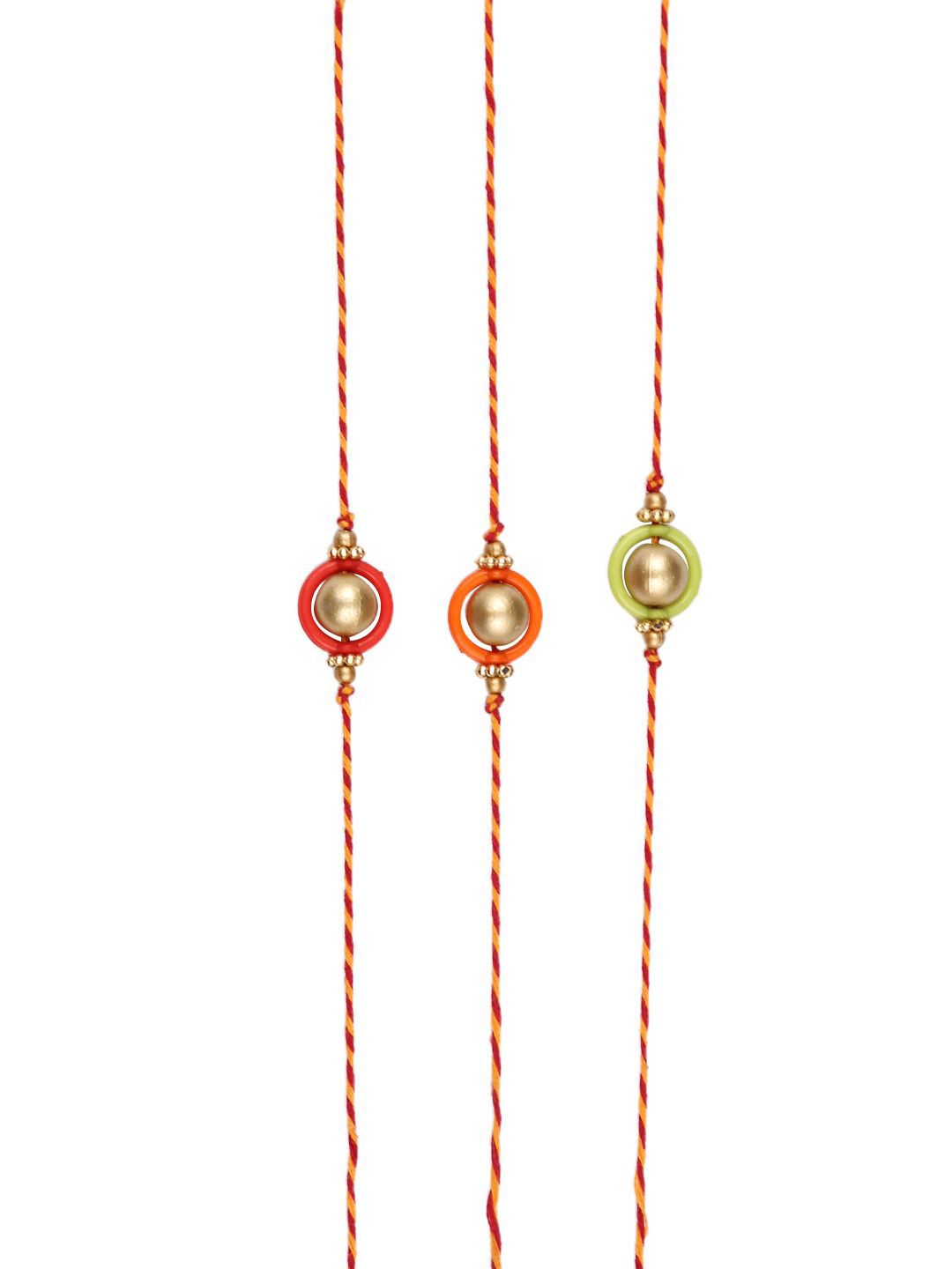 Dhiyona Gold Toned Set Of 3 Beaded Thread Rakhis With Roli Chawal & Greeting Card