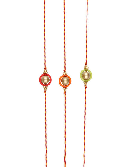 Dhiyona Gold Toned Set Of 3 Beaded Thread Rakhis With Roli Chawal & Greeting Card