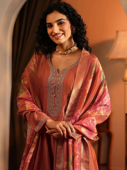 Dhiyona LL Ethnic Motifs Embroidered Panelled Thread Work Kurta With Palazzos & Dupatta