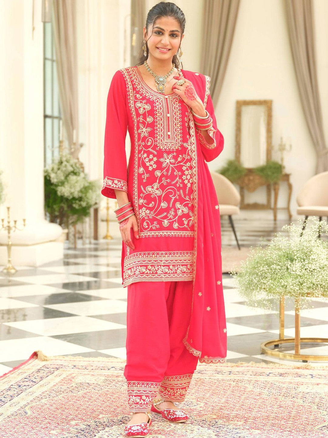 Ethnic Motifs Embroidered Round Neck Zari Kurta With Patiala & Dupatta