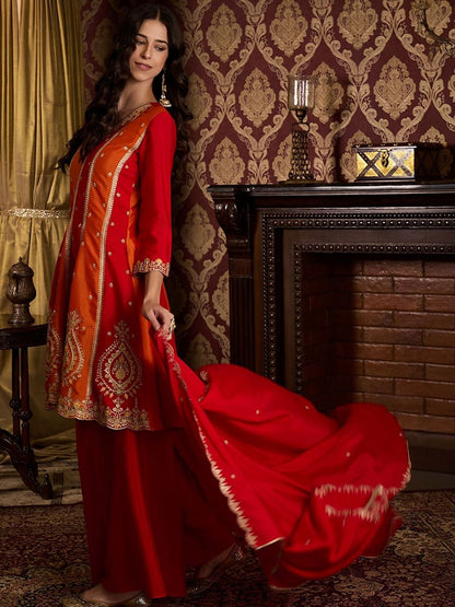 Dhiyona CH Women Ethnic Motifs Embroidered Panelled Thread Work Kurta with Palazzos & With Dupatta