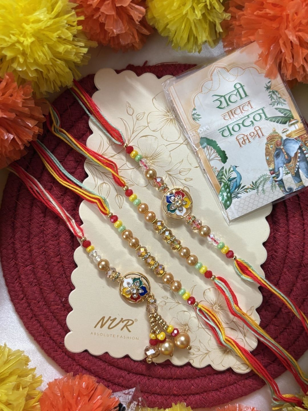 Dhiyona Set Of 4 Artificial Beads Family Pack Thread Rakhi With Roli Chawal Chandan Mishri