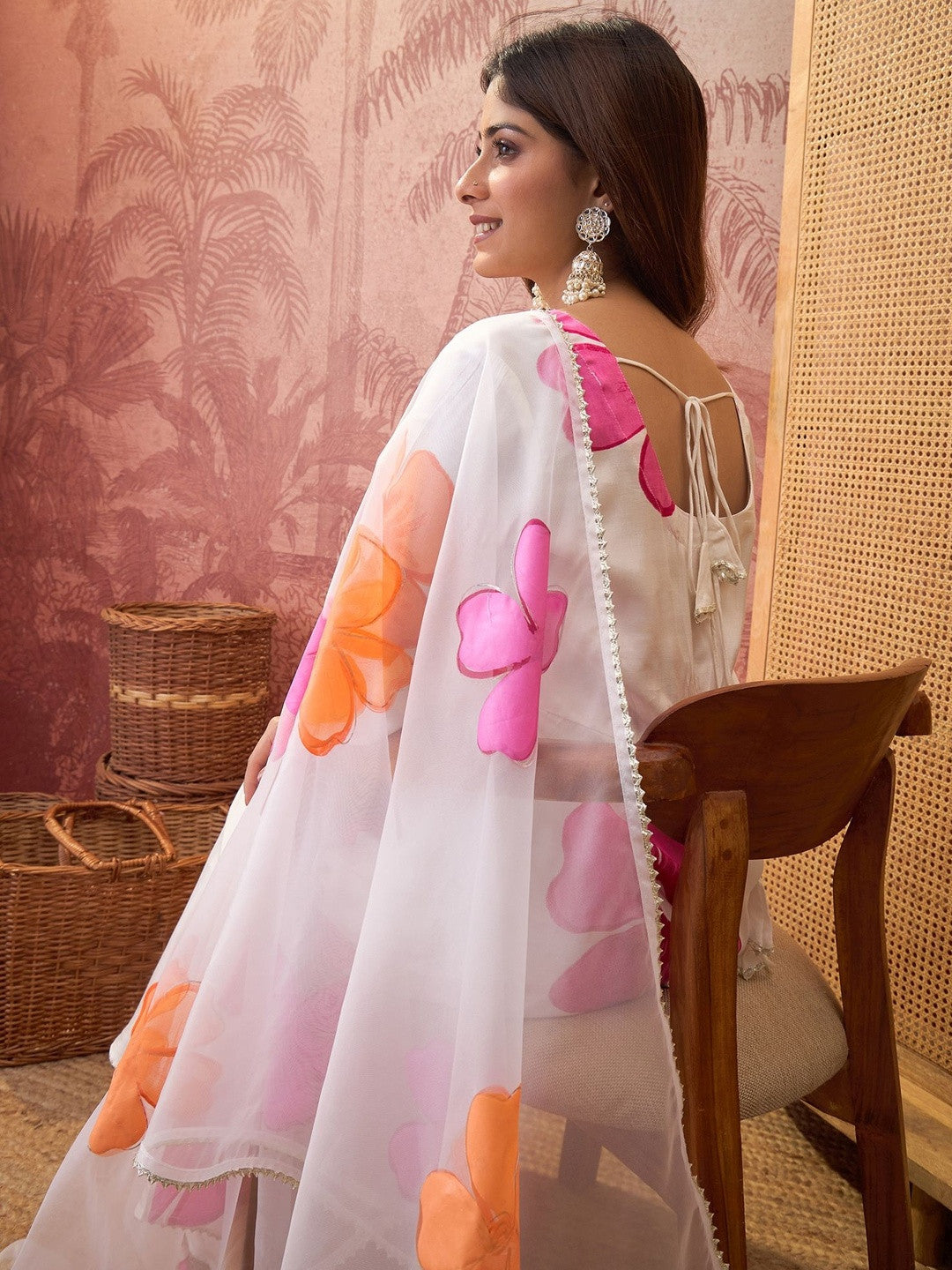 Printed Round Neck Kurta & Trousers With Dupatta