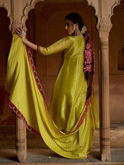 Dhiyona CH Floral Embroidered Sequinned A-Line Kurta With Trousers & Dupatta