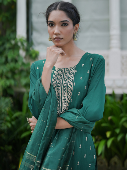 Women's Green Embroidered Straight Kurta Trousers With Dupatta set