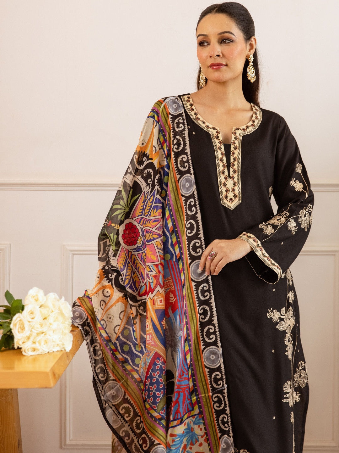 Dhiyona SN Embroidered Straight Kurta With Palazzos & Dupatta