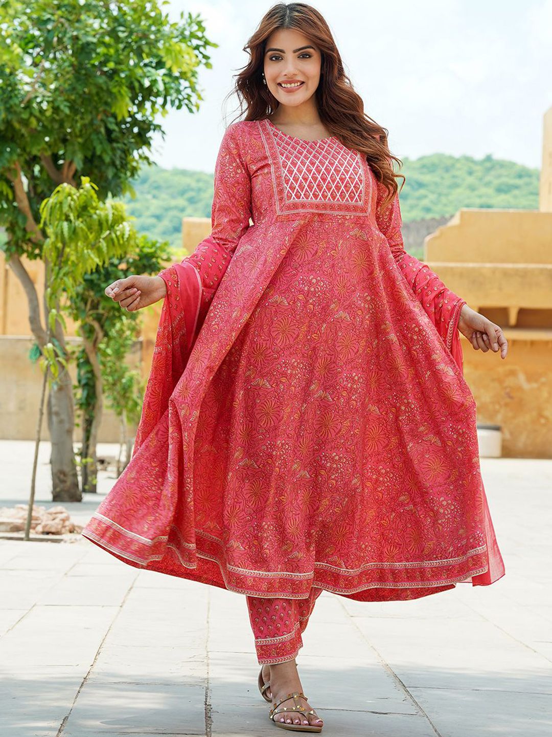 Dhiyona KL Floral Printed Regular Pure Cotton Anarkali Kurta with Trousers & Dupatta