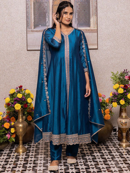 Dhiyona CH Women Floral Embroidered A-Line Kurta with Trousers & Dupatta