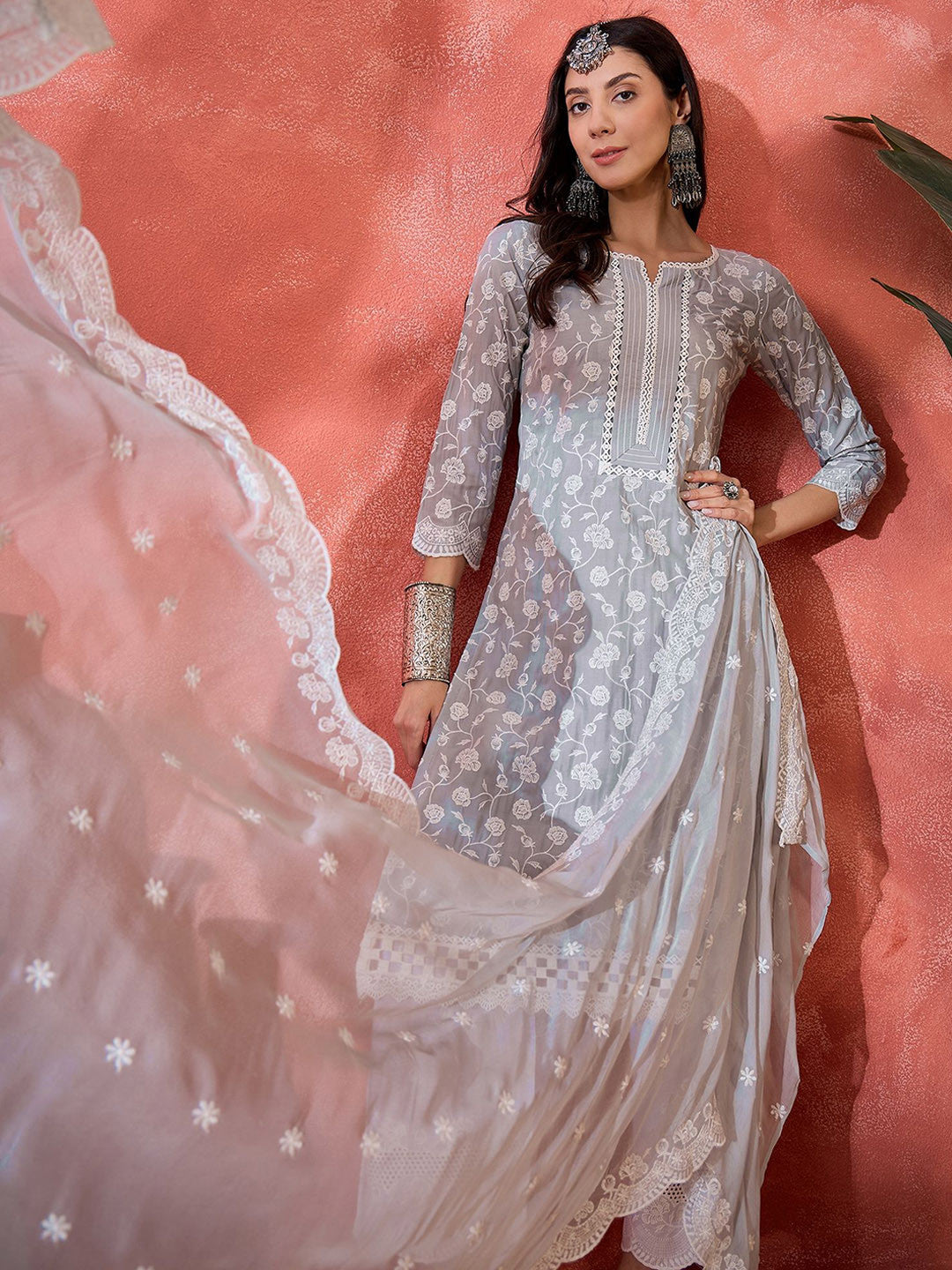 Women Floral Embroidered Cotton Kurta with Trousers & Dupatta