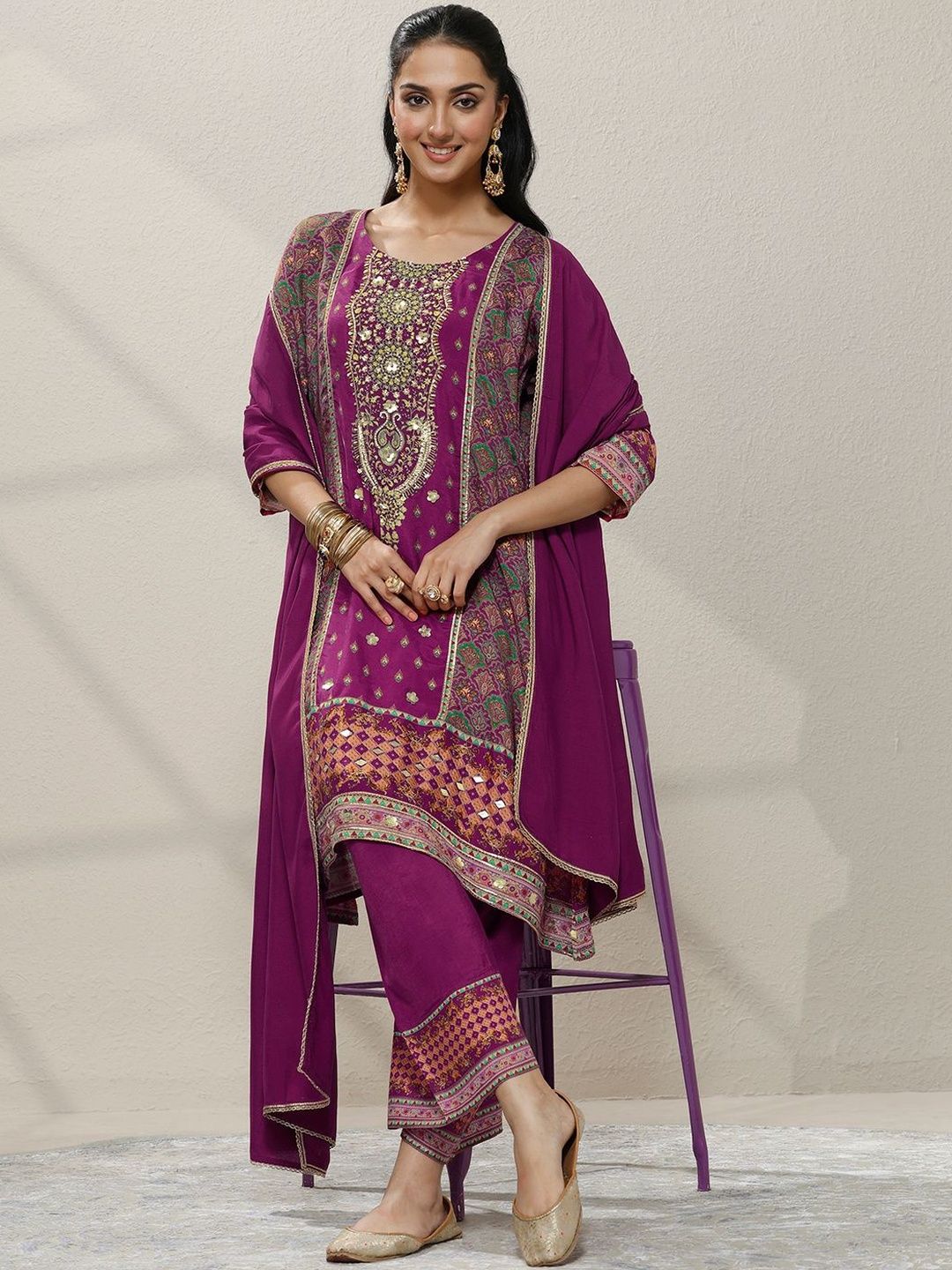 Dhiyona LL Women Ethnic Motifs Printed Regular Sequinned Kurta with Palazzos & With Dupatta
