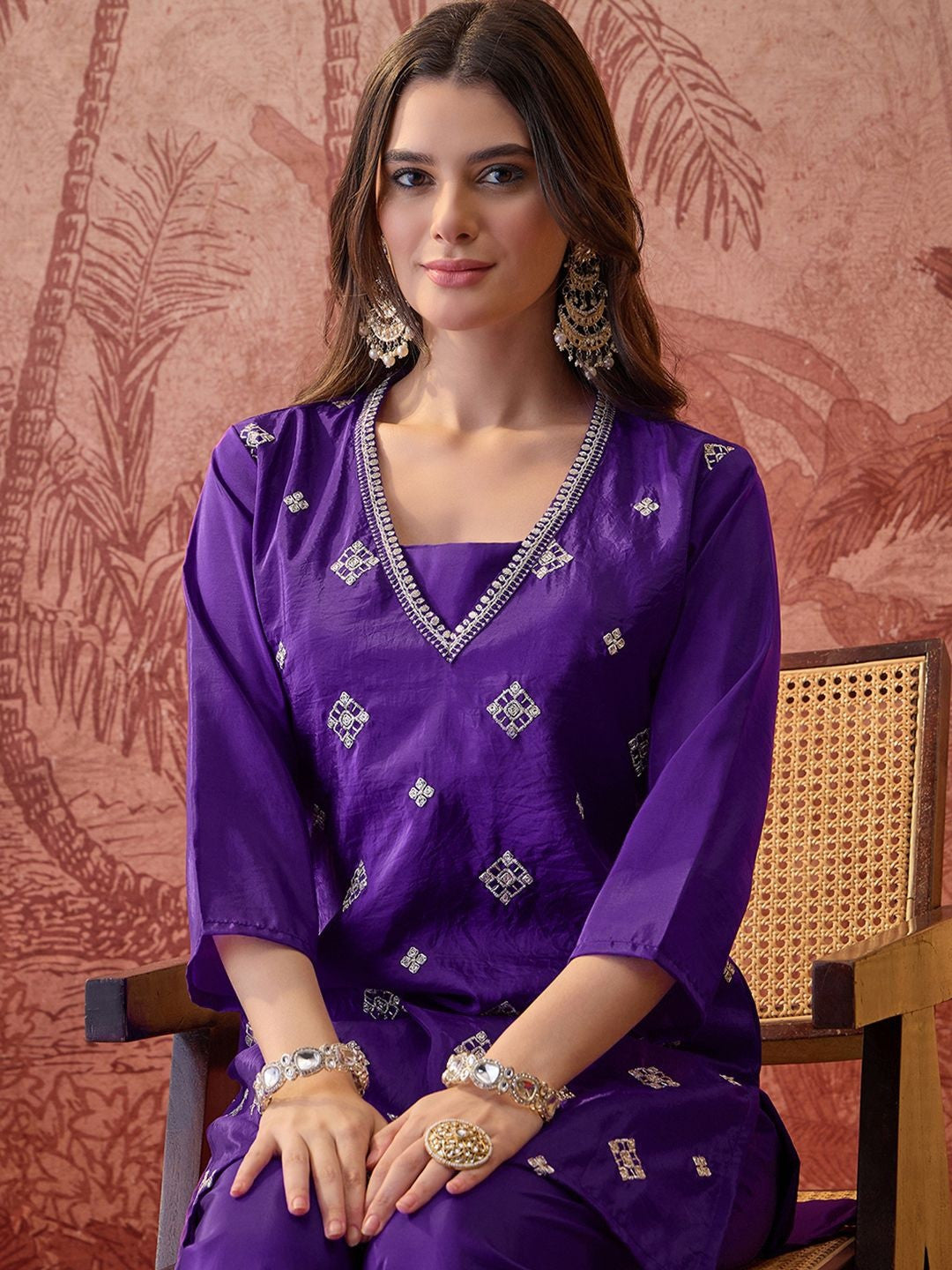 Embroidered Straight Kurta With Palazzos