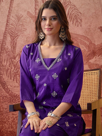 Embroidered Straight Kurta With Palazzos