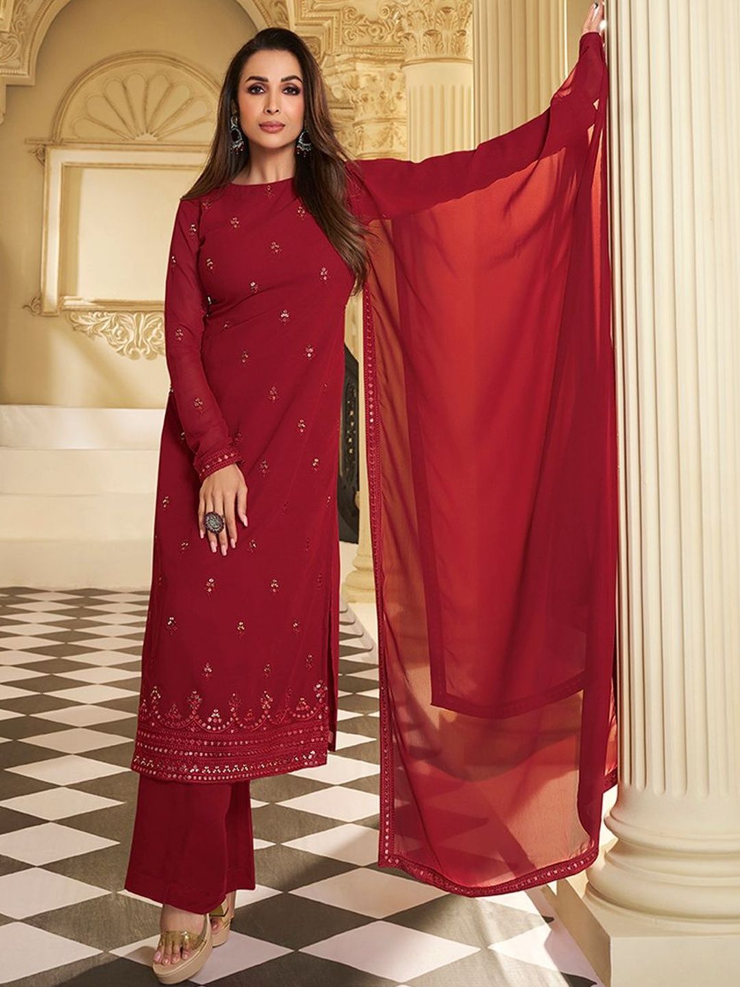 Dhiyona IN Women Ethnic Motifs Embroidered Regular Thread Work Kurta with Palazzos & With Dupatta