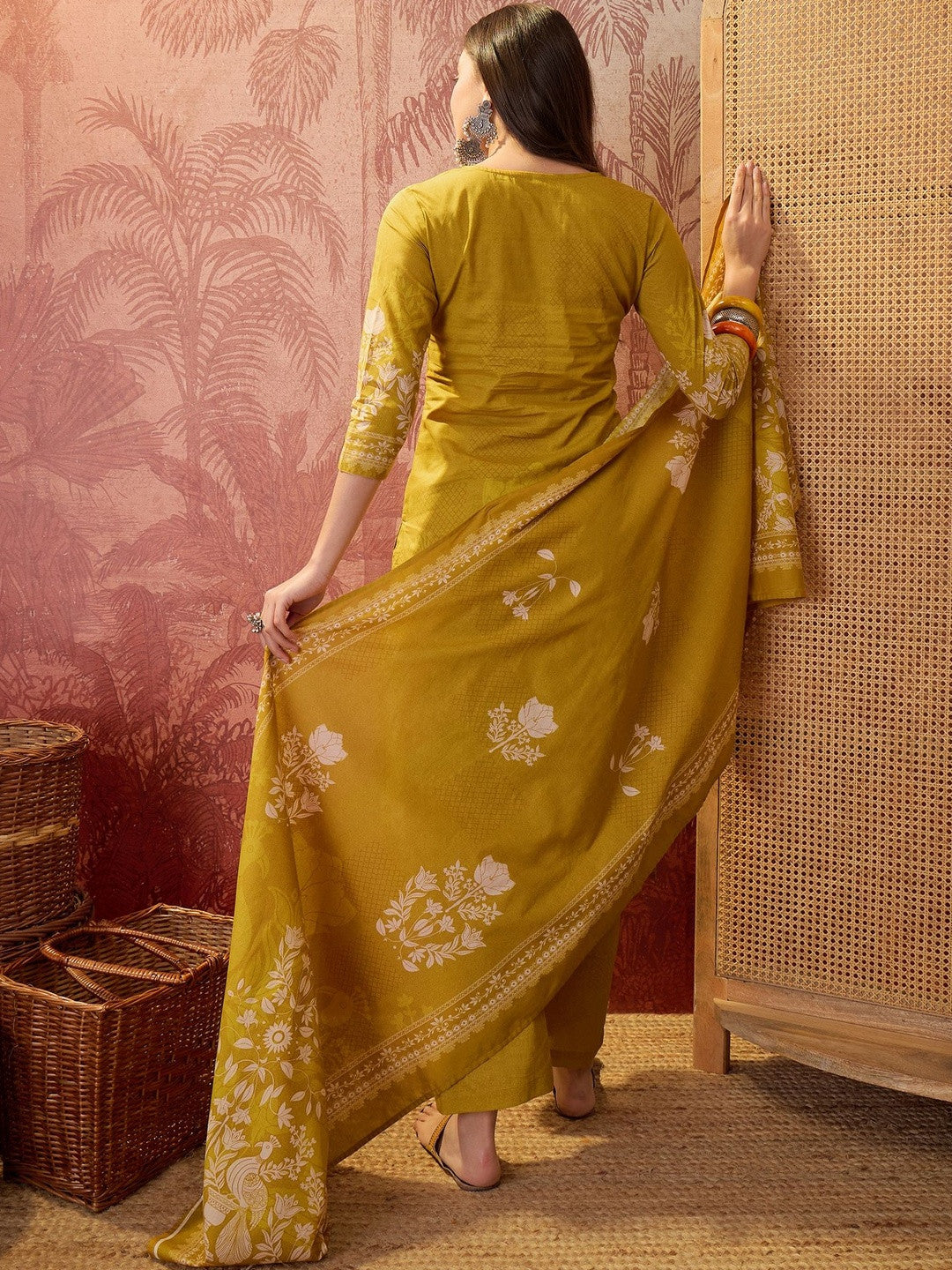 Printed Pure Cotton V-Neck Kurta & Trousers With Dupatta