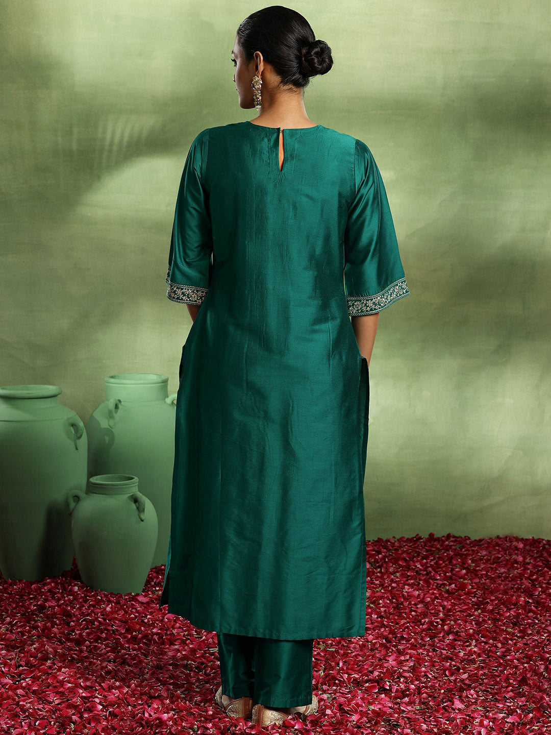 Floral Yoke Design Pleated Sequinned Republic Day Kurta with Trouser