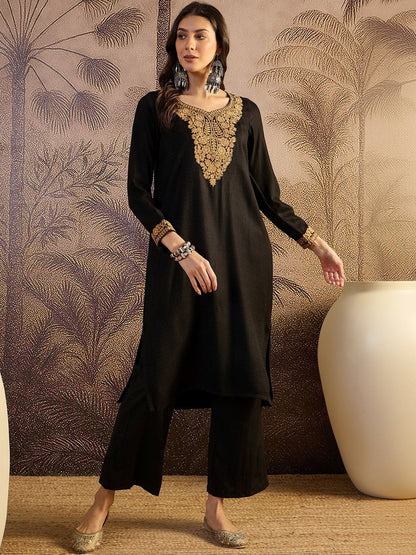 Pashmina Qazmi Winter Black Kashmiri Aari Embroidery work Kurta set