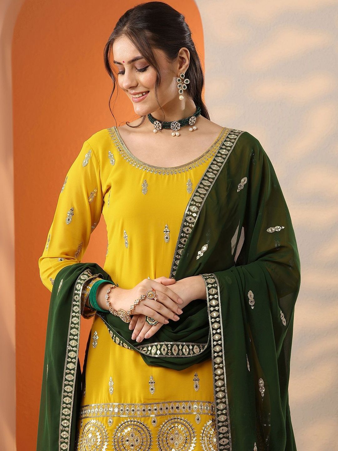Dhiyona LL Women Ethnic Motifs Embroidered Regular Mirror Work Kurta with Sharara & With Dupatta
