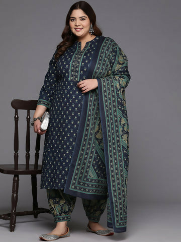 Women's Plus Size Blue Printed Straight Kurta Salwar With Dupatta Set