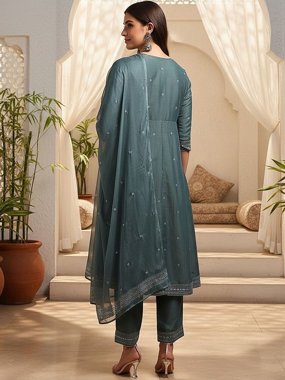 Dhiyona KL Floral Embroidered Zari Anarkali Kurta With Trousers & Dupatta