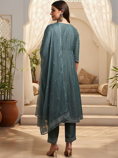 Dhiyona KL Floral Embroidered Zari Anarkali Kurta With Trousers & Dupatta